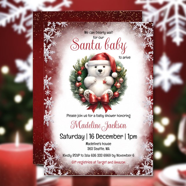 Juli-Baby Bear-judeinbjudan för babyskor Inbjudningar (Santa Baby Bear Christmas Baby Shower Invitation)
