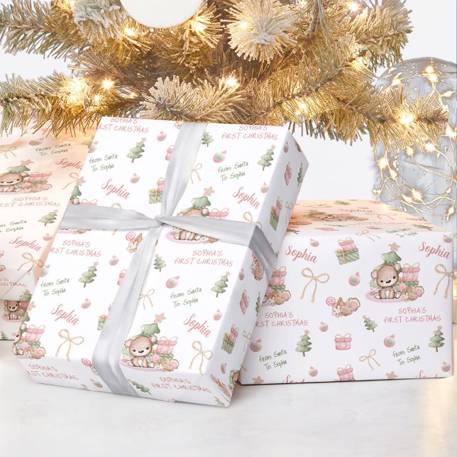 Juli Bear Girl Rosa Namn Text jul Presentpapper (Christmas Bear Girl Pink Name Text Christmas Wrapping Paper)