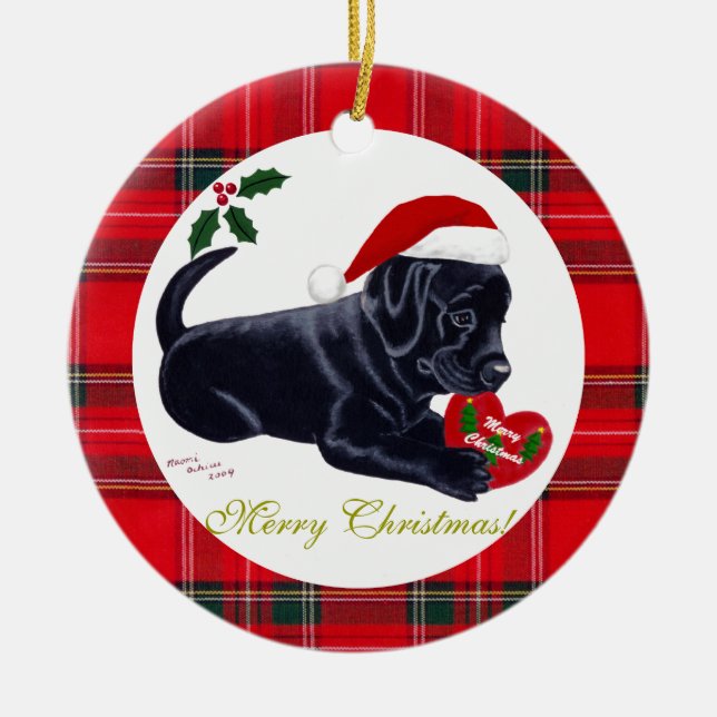 Juli Black Labrador Puppy Santa Hat Julgransprydnad Keramik (Framsidan)
