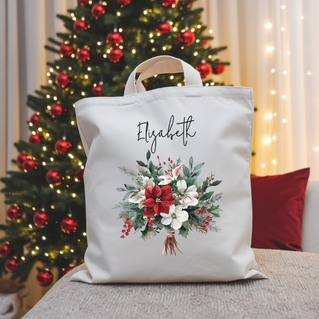 Juli Bouquet Blommigt Bag för kvinnor eller medarb Tygkasse (Christmas bouquet tote bag, Christmas floral tote for Women, bulk Christmas gift idea for coworker,)