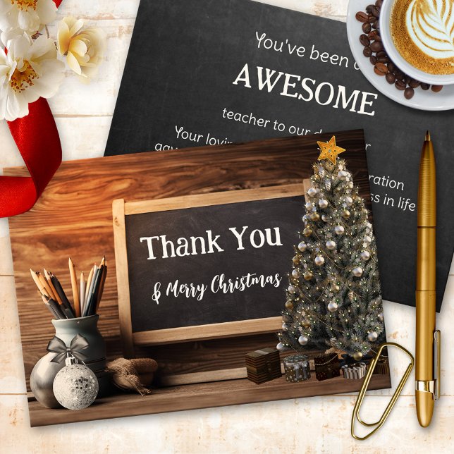 Juli Chalkboard Teacher-uppskattning Tack Kort (Christmas Thank You card for a teacher, featuring a chalkboard with Christmas tree)