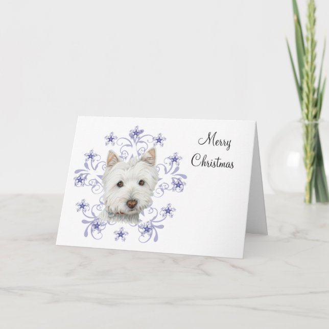 Juli Cute Westie Hund Art och Snö flingstjärnor Helgkort (Framsida)