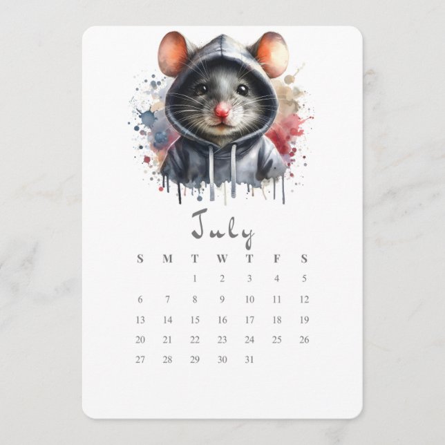 Juli-Ensam-kalender Mouse Mice Stänk Art Meny (Framsida)