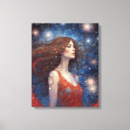 Juli-Fireworks-kvinnor i röd press 4:e Canvastryck