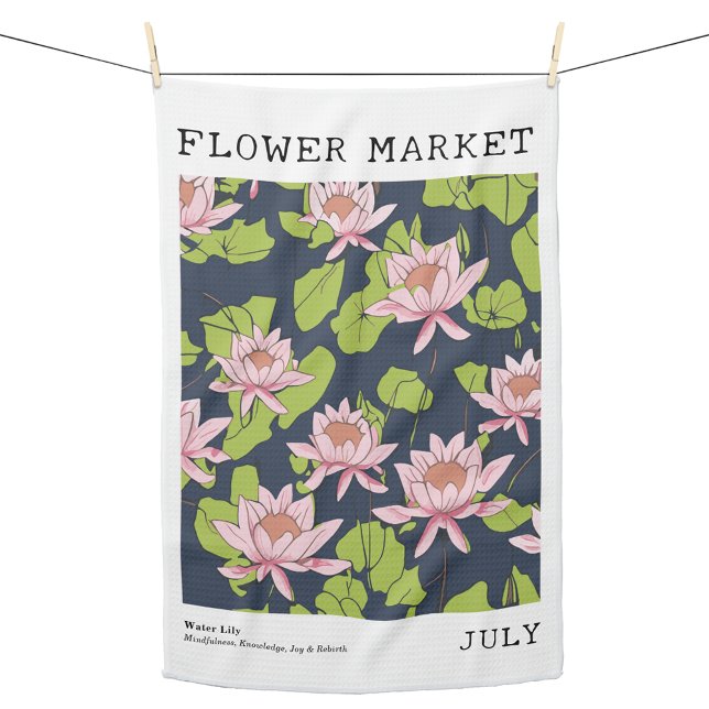 Juli Flower Market Rosa Vatten Lily Lotus Kökshandduk (Personalized July Birth Flower Market Kitchen Towel, Custom Floral Print Kitchen Towel, Lotus Print)