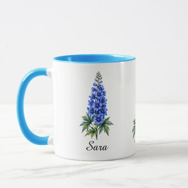 Juli Födelsedagsblomma Mugg – Delphinium (Vänster)