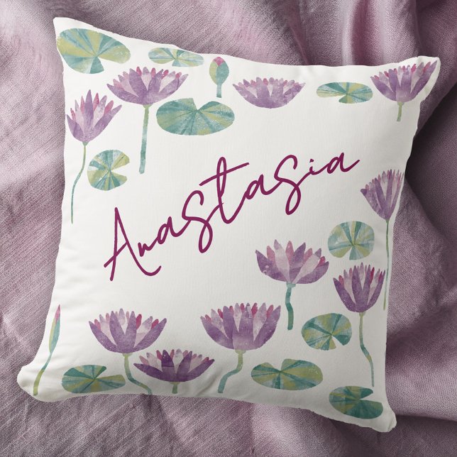 Juli Födelsemånad Näckros Personlig Kudde (July birthday birth month flower water lily watercolor personalized custom name throw pillow gift)
