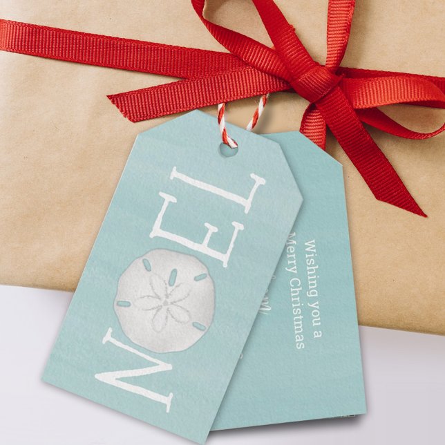 Juli Helgdag Noel Cute Typography Sand Dollar Presentetikett (Turquoise blue ocean sand dollar NOEL typography gift tag)