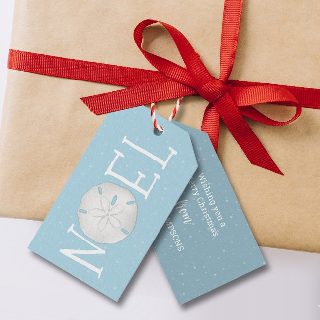 Juli Helgdag Noel Cute Typography Sand Dollar Presentetikett (Turquoise blue ocean sand dollar NOEL typography gift tag.)