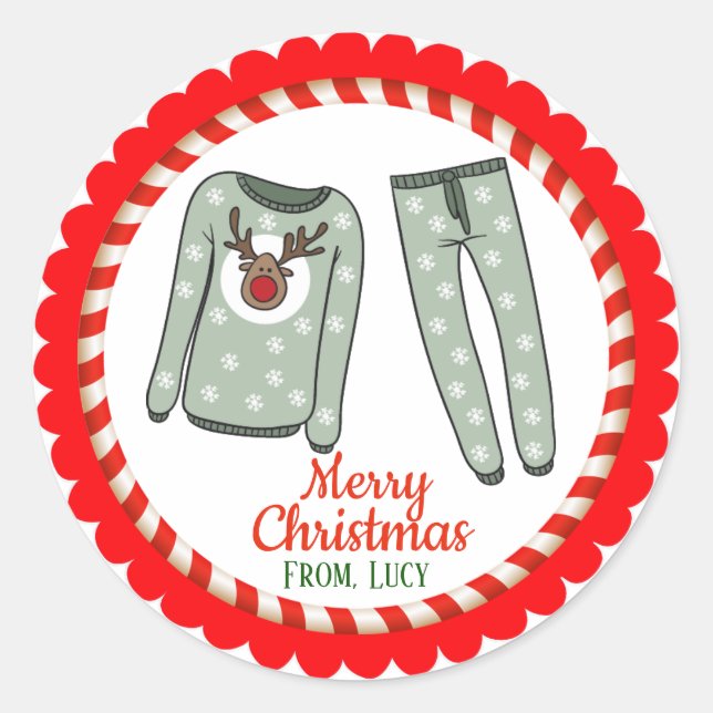 Juli-Helgdag Santa Pajamas Runt Klistermärke (Framsida)