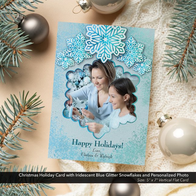 Juli Iridescent Blue Snowflake Photo Julkort (Christmas Holiday Card with Iridescent Blue Snowflakes and Personalized Photo-5"x7" Flat Card)