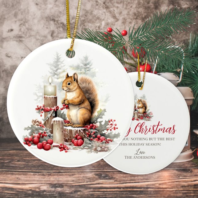 Juli, jummysk, skogsdjur julgransprydnad keramik (Cute chipmunk forest woodland personalized Christmas ornament)