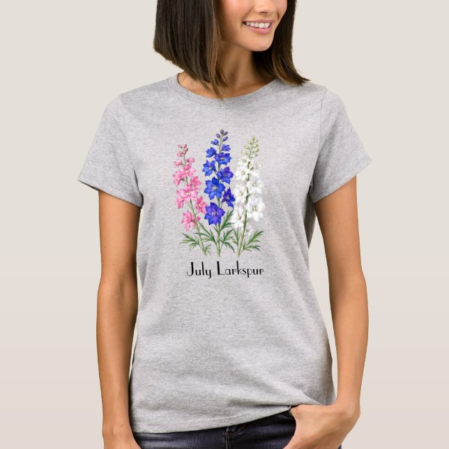 Juli Larkspur Blommor T-Shirt (Framsida)