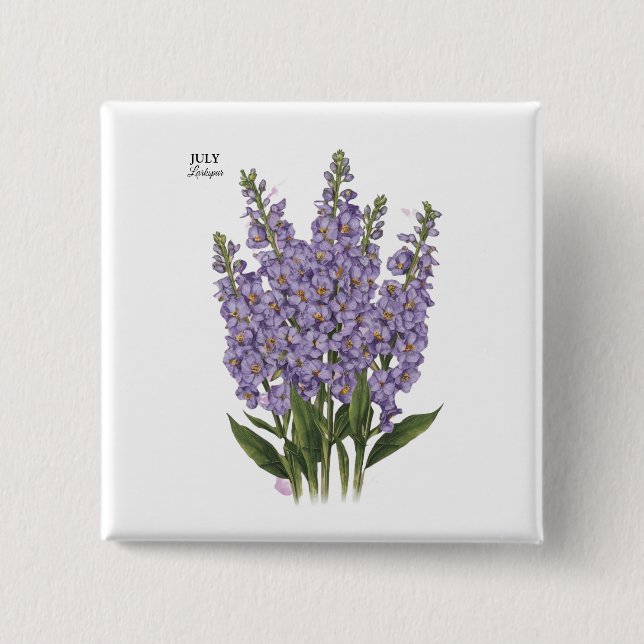 Juli Larkspur Bloom - Personlig Birthday Gift Knapp (Framsida)