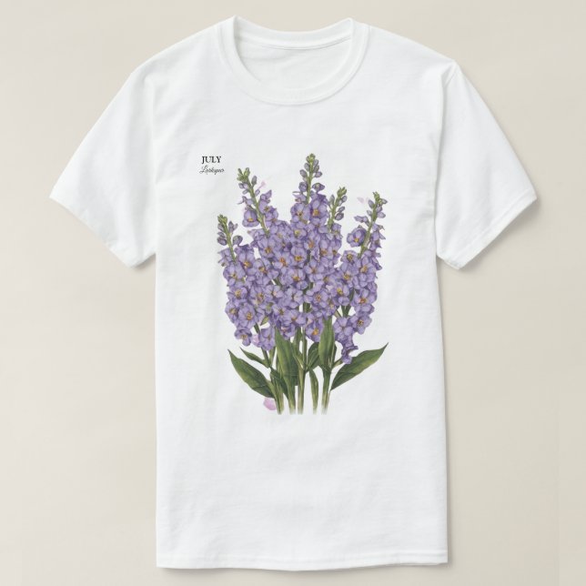 Juli Larkspur Bloom - Personlig Birthday Gift T Shirt (Design framsida)