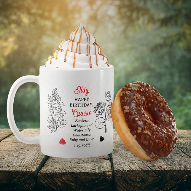 Juli Larkspur och Vatten Lily Birthday Keepsak Kaffemugg (July Floral and Birthstone Birthday Keepsake Coffee Mug)