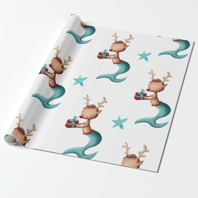Juli med Teal och Red Sjöjungfru Reindeer Presentpapper (Utrullad)