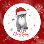 Juli Meowy, Juli och Cute Santa Kitten Runt Klistermärke<br><div class="desc">Den här söta och ärevördiga julkattungen kommer att vara den perfekt som finns på dina klistermärken. Konstruktionen har en adlig grått-kitten med svarta ram-glas, fullt skägg och mustasch tillsammans med en Jultomten-hatt. Bakgrunden är röd, grönt och guld stjärnor och/eller snöflingor. Perfekt för katt och fuzzy kitten älskare och sällskapsentusiaster. Ha...</div>