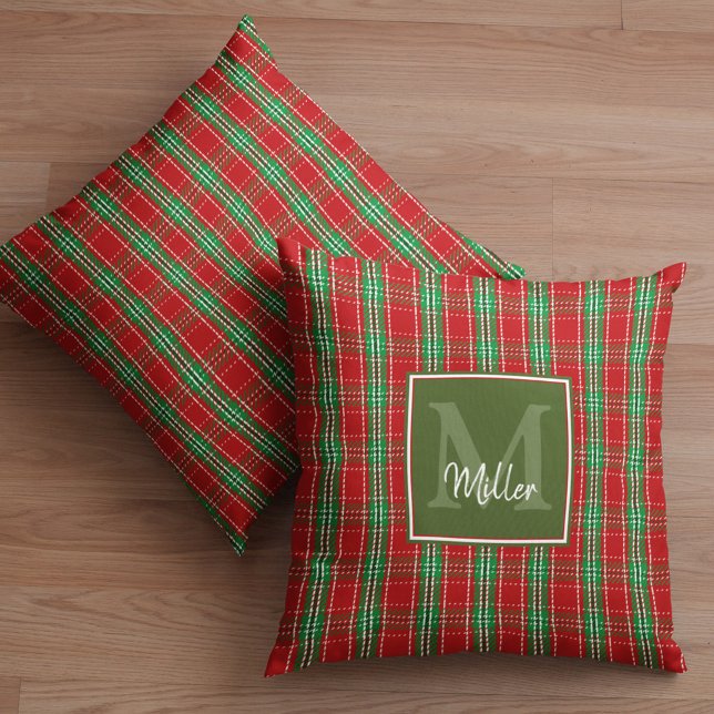 Juli, Monogram, Grönt Helgdag Play Kudde (Red and green monogram plaid throw pillow. )
