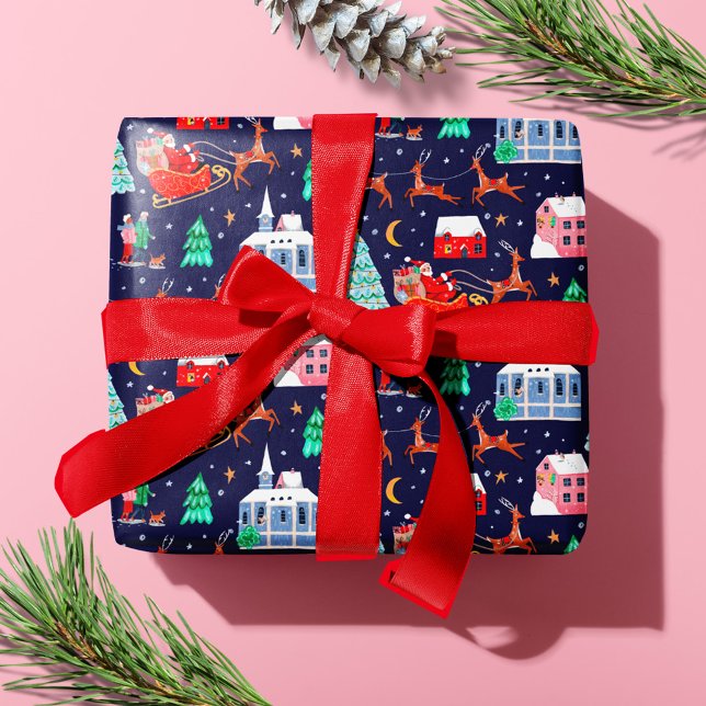 Juli och renar God Natt Nordiska byage Presentpapper (Santa & Reindeers Christmas Night Nordic Village Wrapping Paper)
