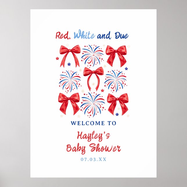Juli Röd Vit och Förfallen Baby Shower Utskrift Poster (Framsidan)