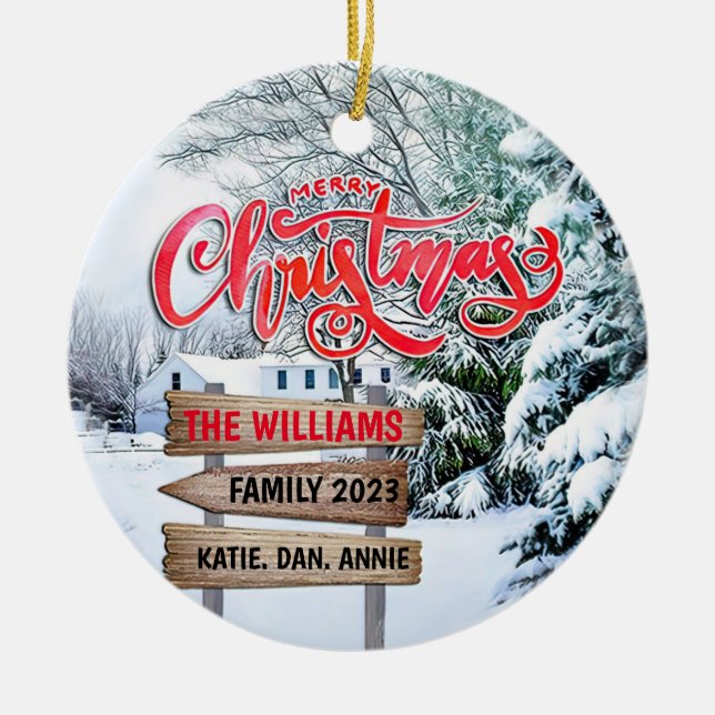 Juli, Rustiska skogar, Winter snö Woodland Julgransprydnad Keramik (Framsidan)