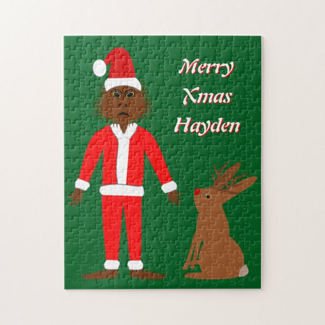 Juli Santa Sasquatch och Jackalope-Anpassningsbarn Pussel (Vertikal)