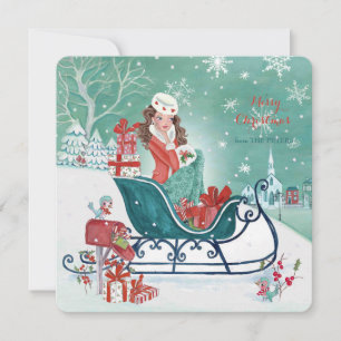 Juli Sleigh Shopping Girl - Hälsning Julkort