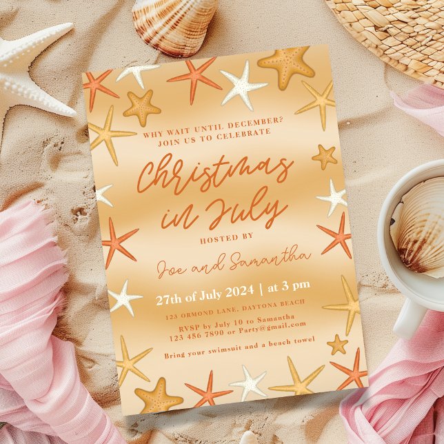 Juli, stjärnfisk i juli-tävlingen inbjudningar (Christmas in July party invitation, starfish design)