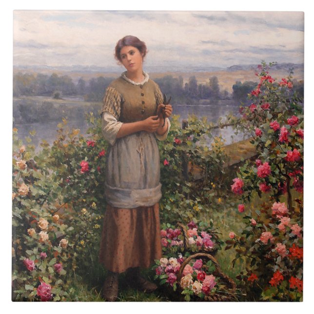 Julia Gathering Ro (vackra flickor och blommor) Kakelplatta (Framsidan)