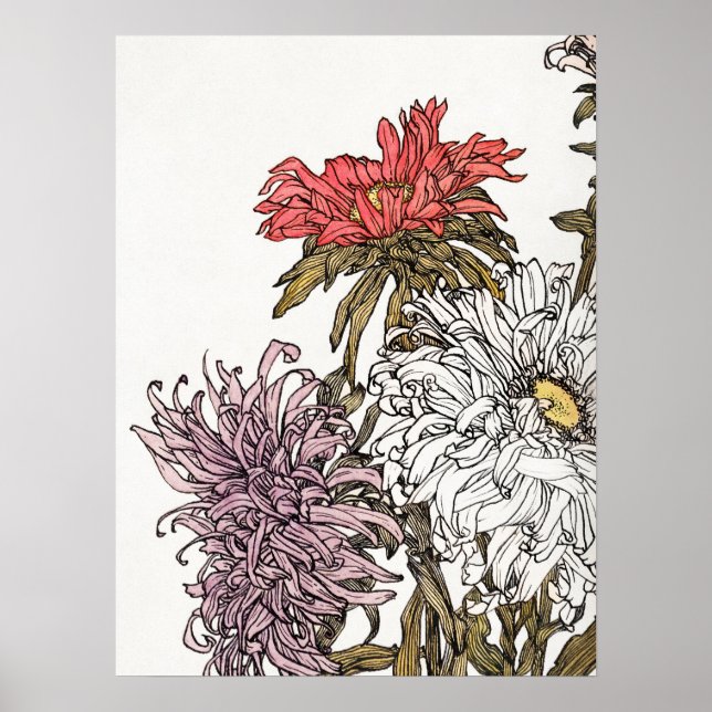 Julie De Graag Chrysanthemums Art Blommigt Woodcut Poster (Framsidan)