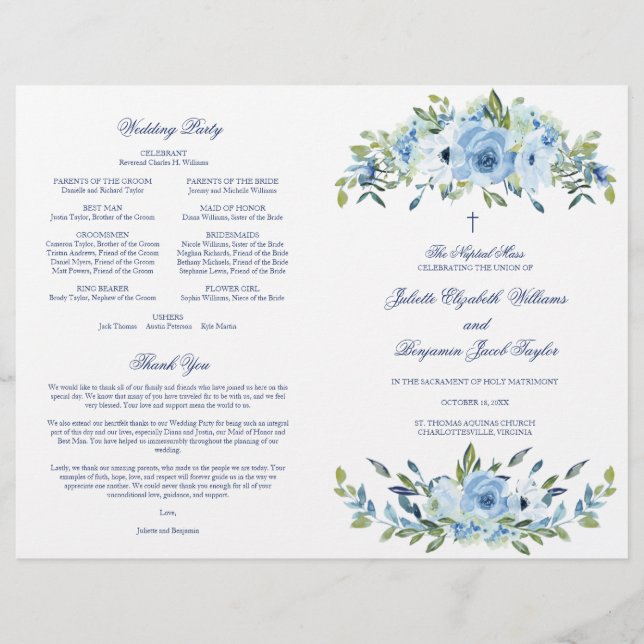 Juliette Catholic Bröllop Mass Ceremony Program (Framsida)