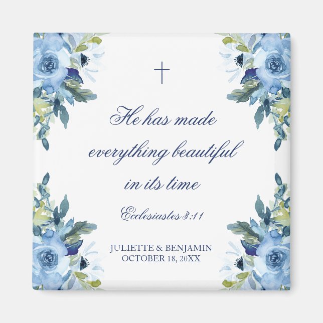 Juliette Dusty Blue Blommigt Christian Wedding Fav Magnet (Framsidan)