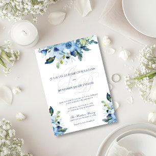 Juliette Elegant Dusty Blue Blommigt Bröllop Inbjudningar