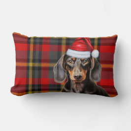 Julig Dachshund Röd Högtidlig Rutig Mönster för Hu Lumbarkudde