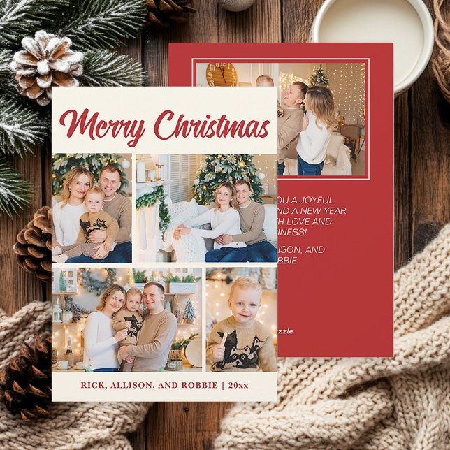 Julig familjefotocollage Röd Julkort (Red and white "Merry Christmas" photo greeting card)