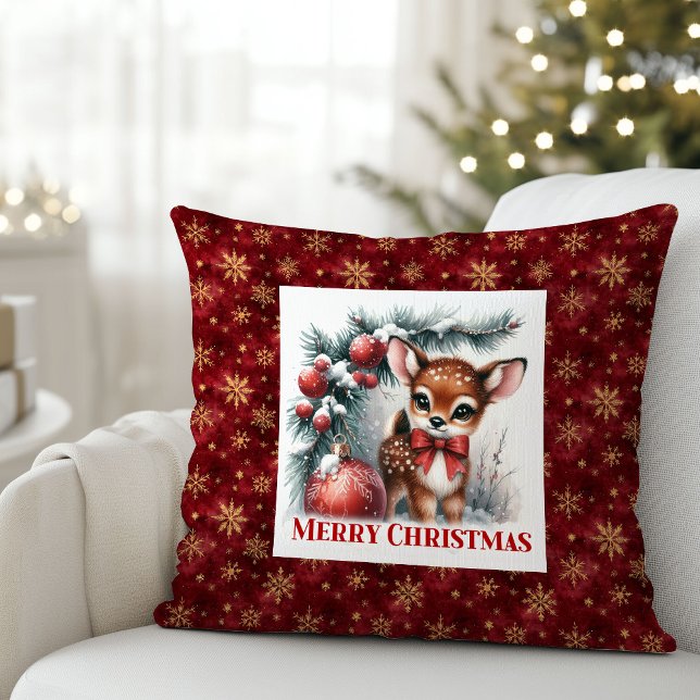 Julig frostig scen baby rådjur julkudde  kudde (Frosty Christmas scene baby fawn Christmas pillow (51))