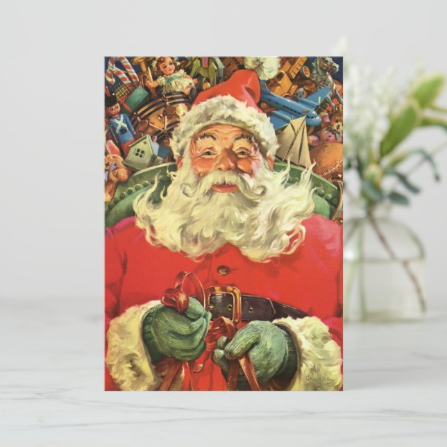 Julig gammal tomte i släde med leksaker inbjudningar (Stående Fram)