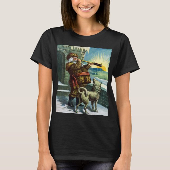 Julig gammaldags Santa Claus Teleskop Hund Solnedg Tee (Framsida)