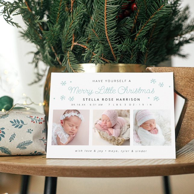Julig Glad Liten Jul Blå Födelsedagsfoton Julkort (Festive Merry Little Christmas Blue Birth Photos Holiday Card)