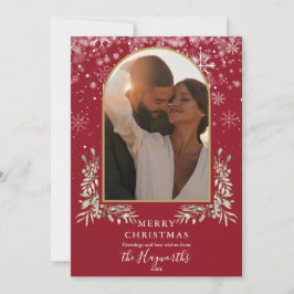 Julig Guld Båge Foto Blomster Grönska Julkort