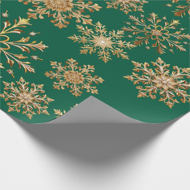 Julig guld- och grön snöflinga presentpapper (Hörn)