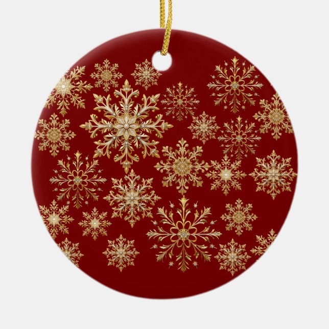 Julig Guld och Röd Snöflinga  Julgransprydnad Keramik (Framsidan)