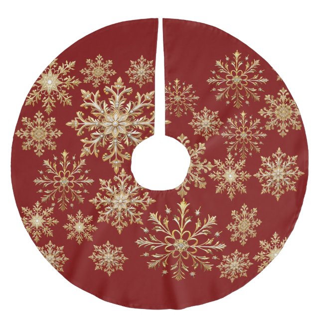 Julig guld- och röd snöflinga presentpapper julgransmatta borstad polyester (Framsidan)