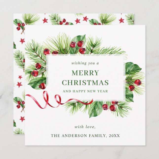Julig hälsning med högtidsbär från julgranen julkort (Fram/baksida)