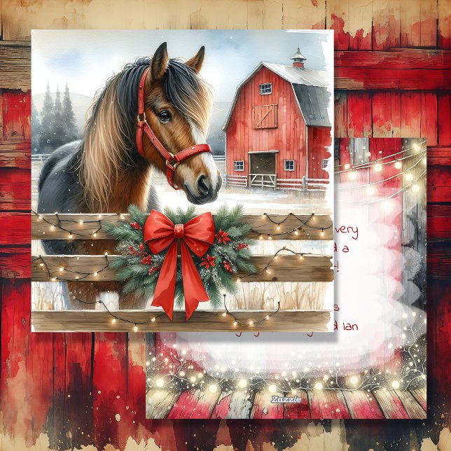Julig häst och röd rustik ladugård jul julkort (Skapare uppladdad)