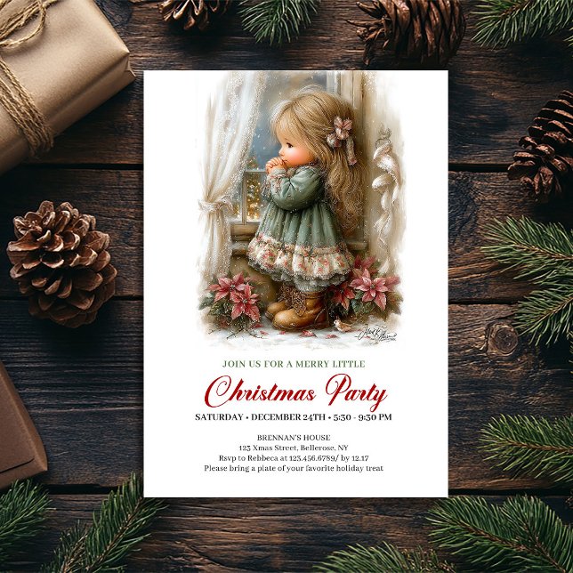 Julig inbjudan söt flicka vinterscen konst (Festive Holiday Invite Cute Girl Winter Scene Art)