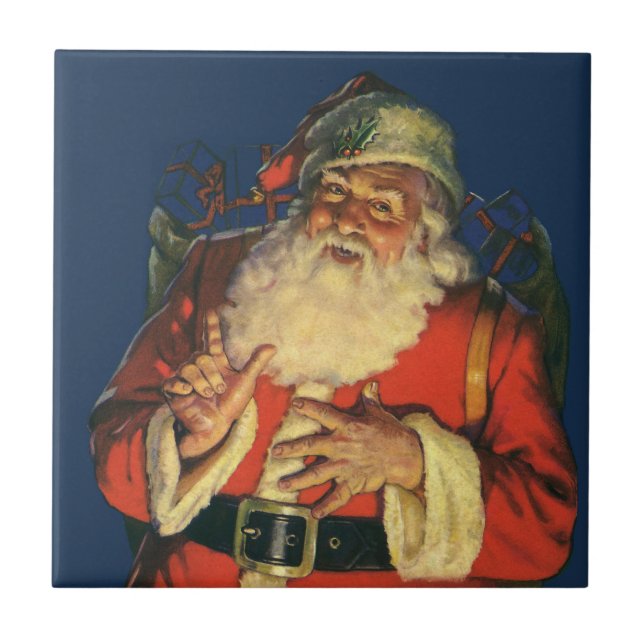 Julig jul, glad tomte med leksaker kakelplatta (Framsidan)