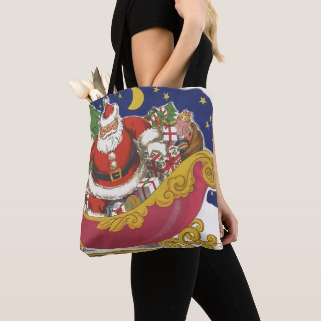 Julig jul, glad tomte med släde tygkasse (Närbild)