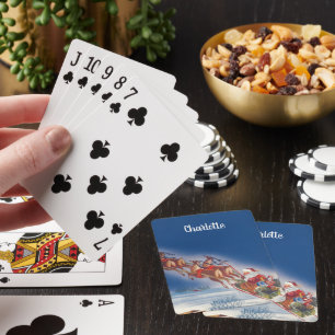 Julig jul, jultomten flyger släde med renar casinokort